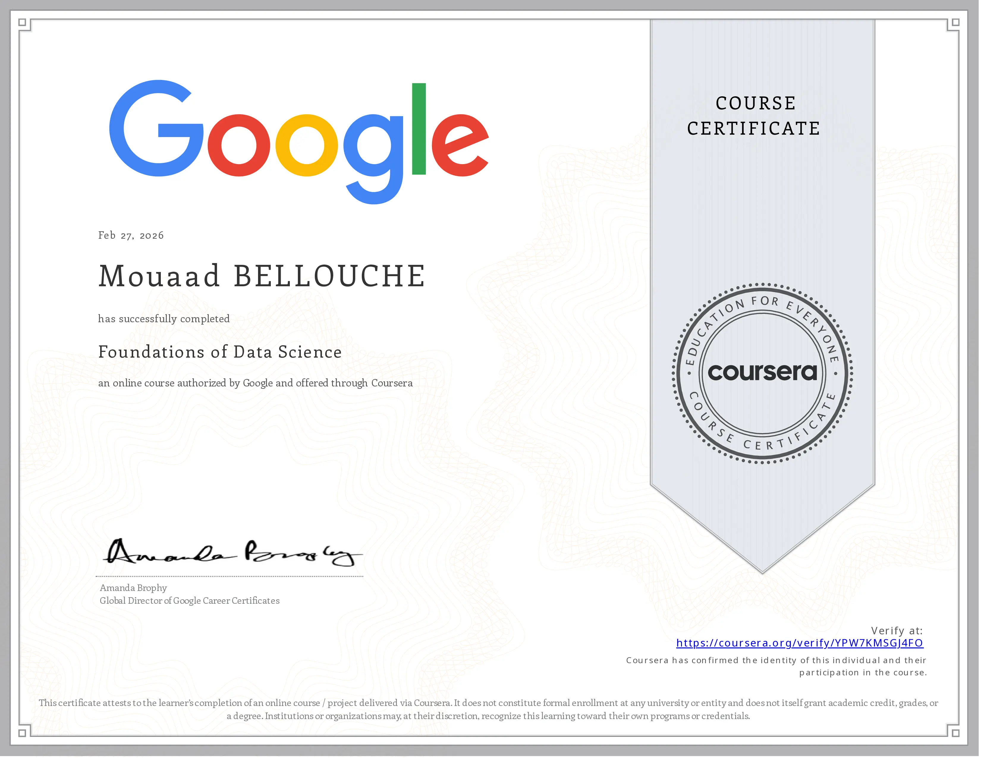 Certificate thumbnail for Foundations of Data Science, issued by Google